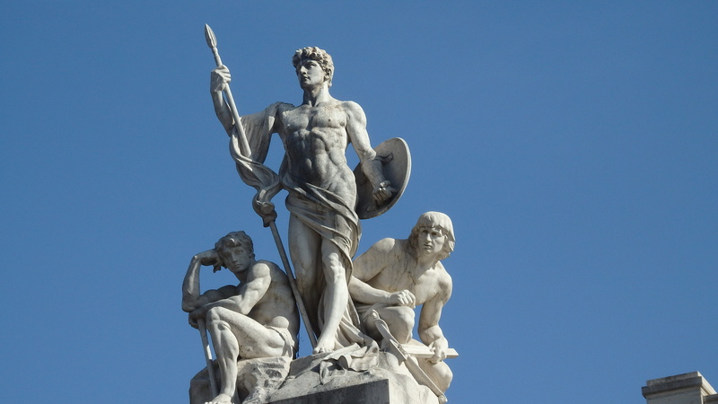 clear sky, day, history, roman, craft, warrior, classical style, low angle view, human representation, female likeness, sky, statue, art and craft, male likeness