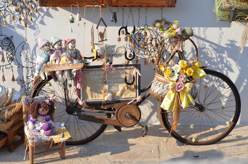 outdoors, mode of transportation, art and craft, decoration, creativity, street, representation, nature, bicycle, childhood, alberobello, puglia, 4K, sunlight
