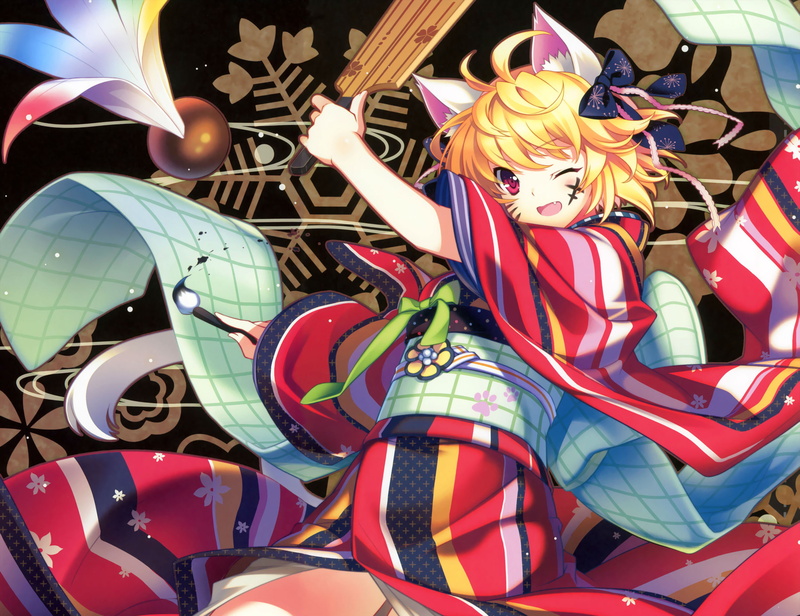 animal, original, short, ears, fang, wink, kimono, 1080P, blonde, hair, clothes, japanese, riv
