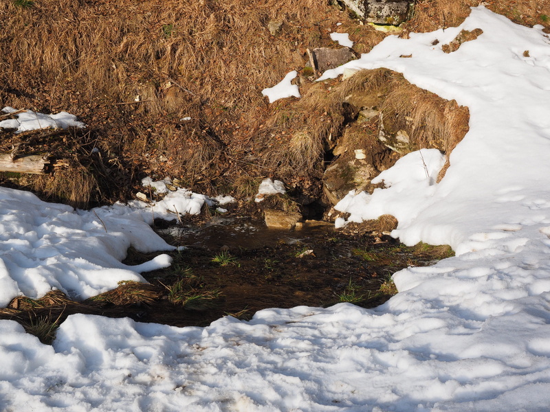 frozen, high angle view, sinkhole, day, cold temperature, snow melt, tauchenweiler, huelbe, nature, Pond, hunger fountain, rock, walker meadows, snowcapped mountain