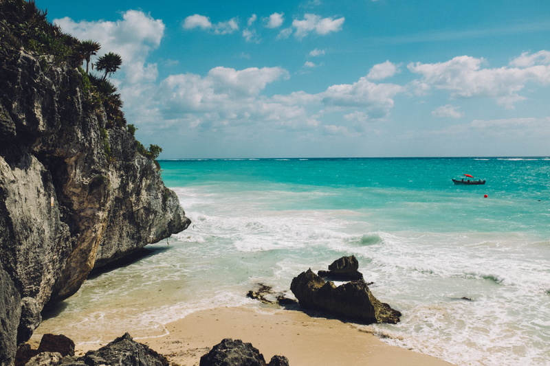 rock - object, ocean, horizon over water, fishing, sea, waves, land, mexico, beach, horizon, rock, ruins, ruins of tulum, scenics - nature, 4K, tulum