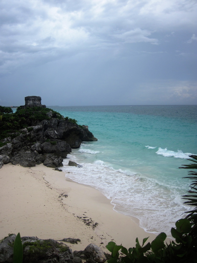 day, travel, land, cloud - sky, outdoors, sea, tropical, tranquil scene, landmark, rock, beach, horizon, temple, rock - object, solid, water, tulum, mexican