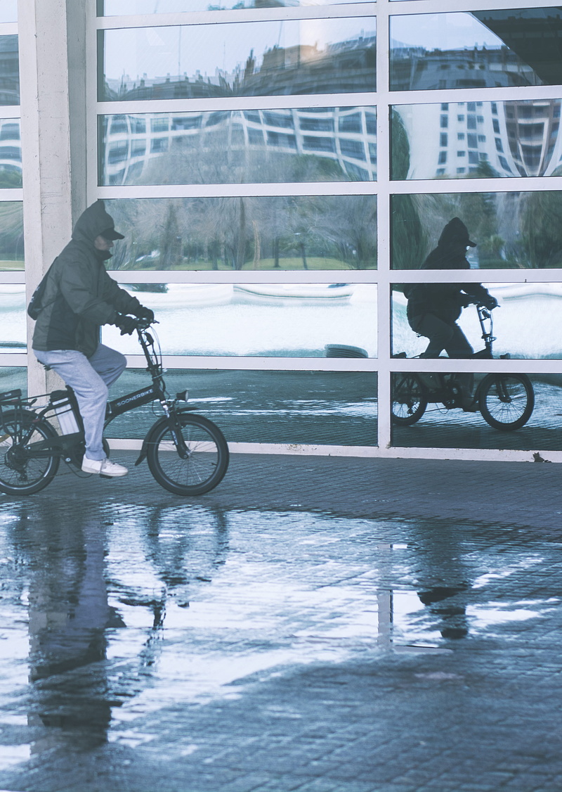 rain, architecture, water, ciudad, bicycle, cycling, arte, lifestyles, person, color, art, blue, spain, ride, city, 4K, bike, reflection, abstract, full length