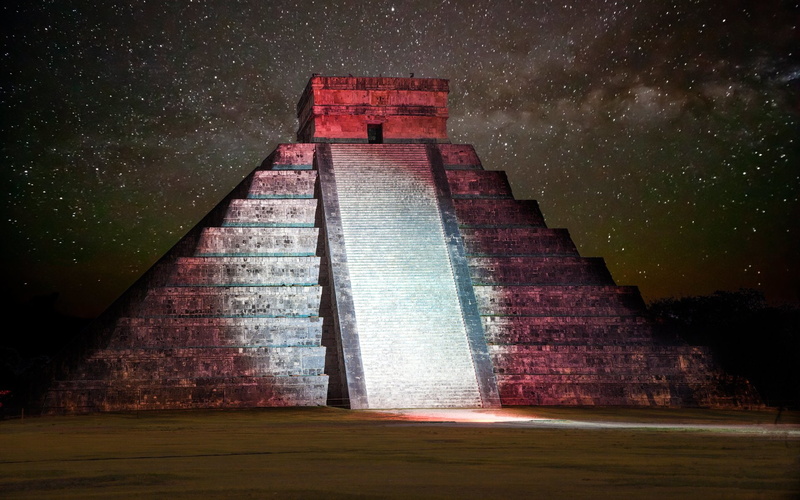 Mexico, Chichen Itza, Night, Light, Man Made, Pyramid, Starry Sky, 1080P