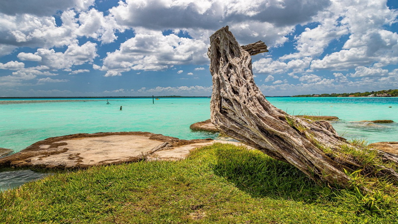 clouds, Bacalar, log, landscape, Mexico, grass, sky, nature, lake, 1080P