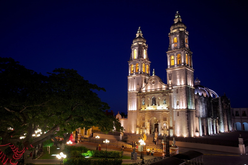 tower, night, architecture, religious, Mexico, people, temple, lights, 2K, trees, cathedral