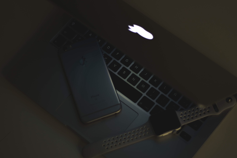 technology, high angle view, apple watch, macbook, mac, light, black background, business, computer keyboard, computer mouse, 4K, no people, computer