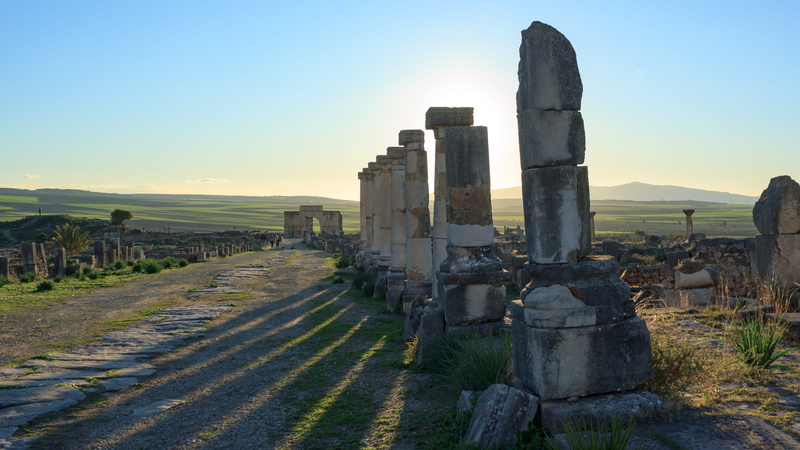 row, shadow, volubilis, nature, architecture, history, building exterior, ruin, outdoors, roman, the past, sunlight, city, tranquil scene, land, archeology