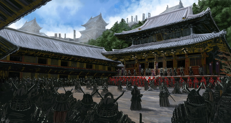 yard, art, temple, army, weapons, training, Asia, warrior, samurai, people, armor, 2K