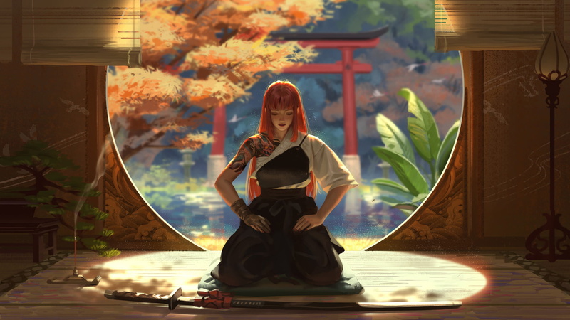 women, temple, 1080P, katana, meditation, warrior, samurai