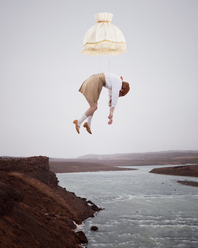 sea, redhead, floating, portrait display, surreal, lamp, skirt, rock, women, Maia Flore, clear sky, flying, blouse, nature, landscape, 720P, photography
