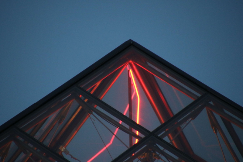 dusk, no people, france, glass, copy space, construction, angle, architecture, louvre, nature, top, paris, blue, shape, clear sky, sky, sign, french, red