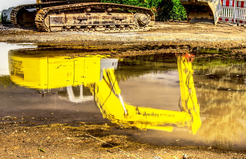 reflection, mud, high dynamic range, lake, built structure, city, no people, 4K, hdr, architecture, excavators, site, puddle, nature, waterfront, rainwater