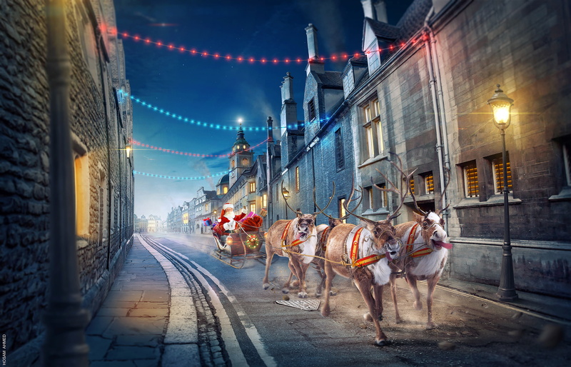 Street, 4K, Night, 4K, Santa Claus, Reindeer Chariot