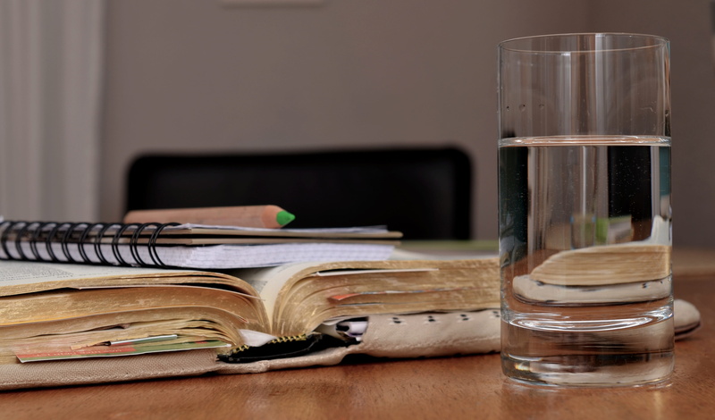 close-up, refreshment, title, accounting, water, book, 4K, note, publication, drink, water glass, furniture, textbook, notes, learning, document, learn