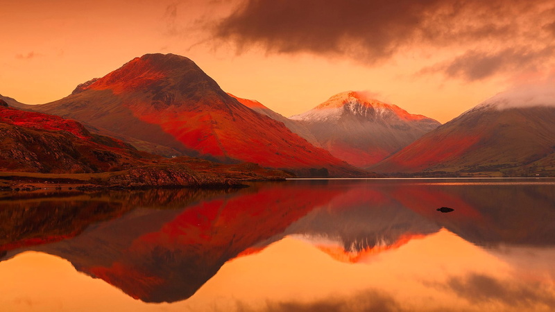 red sky, lake district, sky, mountain lake, nature, mountain range, scenics - nature, mountain peak, national park, lake district national park, 1080P