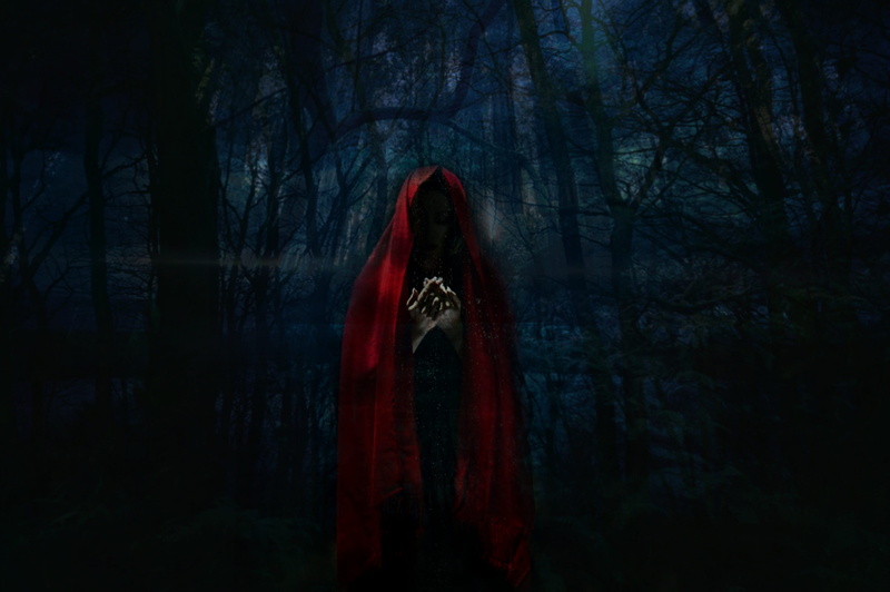 river, adult, hairstyle, plant, fantasy, coat, trees, scarf, woodland, digital composite, wearing, standing, darkness, mystery, mystical, one person, rotkäppchen