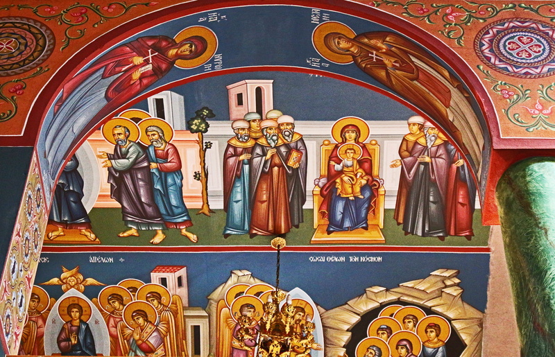 atmosphere, painting, greek church, dome, architecture, angel, christianity, abbey, columnar, holy, representation, mural, prayer, chapel, art and craft