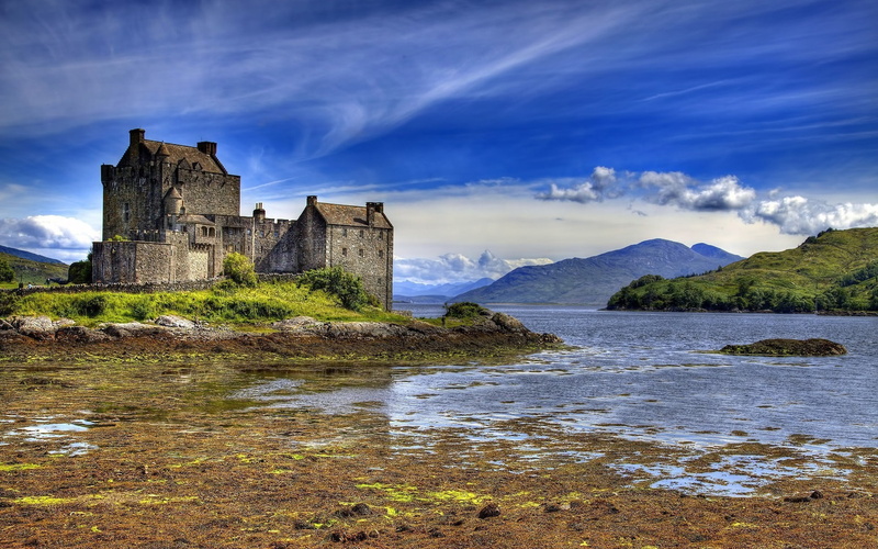 built structure, nature, old, castle, cloud - sky, 1080P, travel destinations, sky, medieval, building, landscape, history, the past, water, travel, building exterior