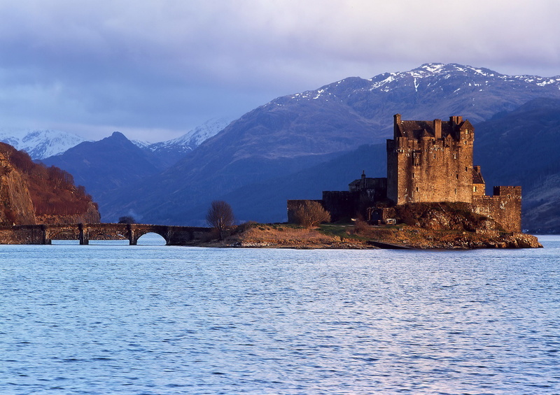 the sky, Eilean Donan, clouds, Castle, water, 1080P, mountains, Scotland