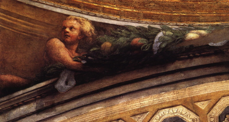 wary, boy, Detail of the putto to the side of the pendentive, Italian painting, Antonio Allegri Correggio, look, 1080P