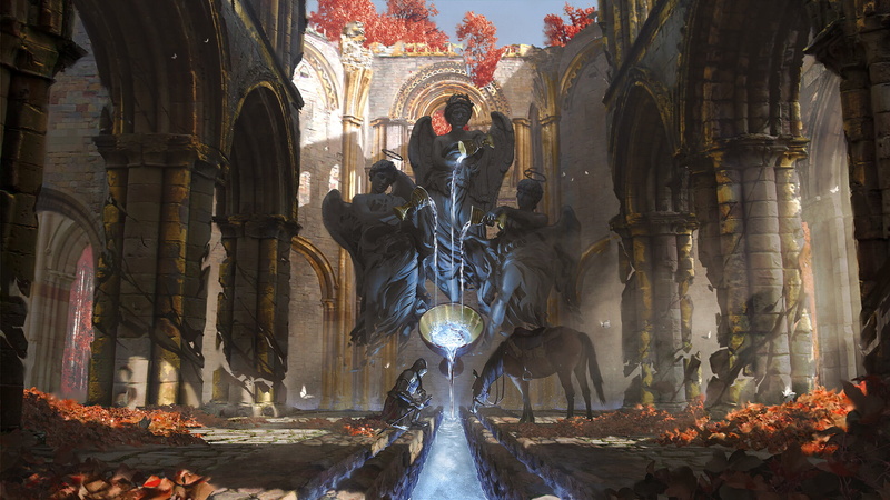 stream, fantasy art, horse, medieval, 1080P, angel, sword, knight, arch, environment, ruins
