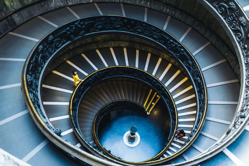 railing, men, girl, bramante, human, staircase, handrail, yellow, rome, steps and staircases, real people, high angle view, design, vatican city, christian
