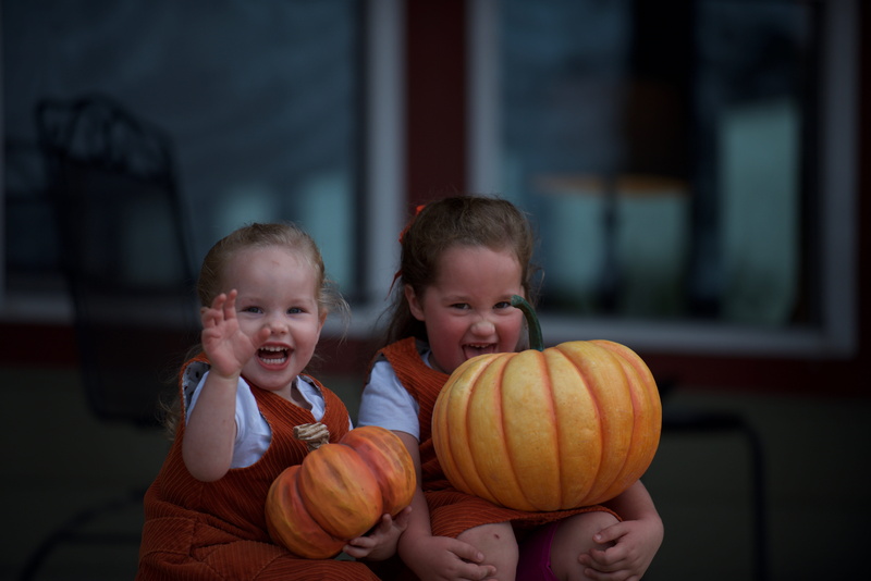 pumpkin, banister, handrail, togetherness, females, smiling, holding, squash, offspring, child, person, produce, finger, human, monitor, plant, men, kid