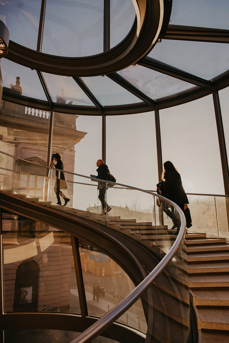 handrail, banister, building, architecture, men, walking, sky, three, 4K, lifestyles, person, pedestrian, people, indoors, wood, flare, railing, window