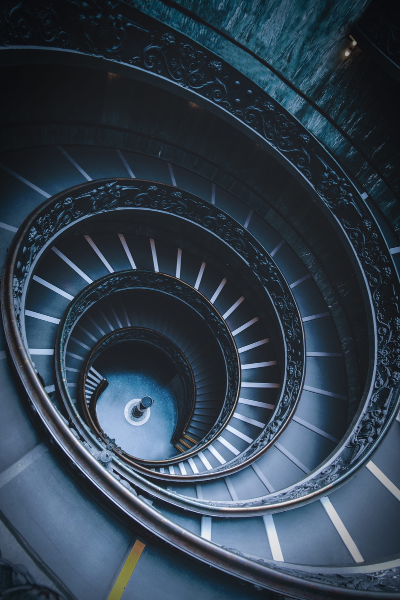 design, shadow, museum, view, fujifilm, down, stair, metal, closeup, steps and staircases, vatican, photo, geometric shape, staircase, indoors, no people