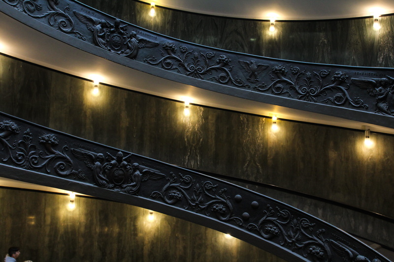 low angle view, italy, 5K, art and craft, building, built structure, indoors, canon, architecture, stair, down, lighting equipment, gold colored, railing