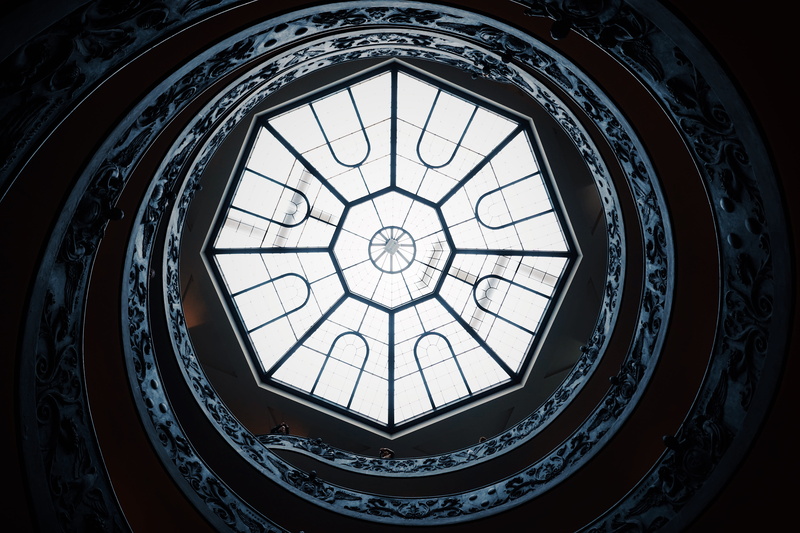 cupola, directly below, sunlight, low, no people, glass - material, Vatican museum, 5K, indoors, vatican museums, angle, concentric, ornate, geometric shape