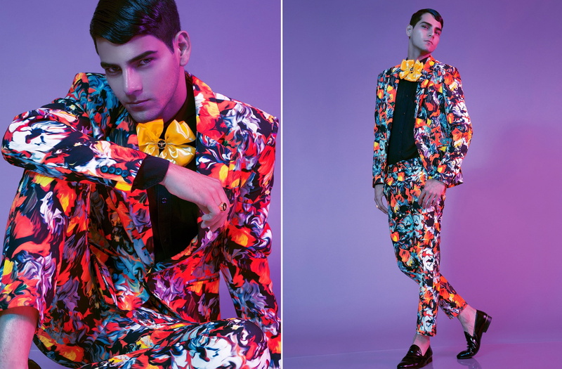young adult, eccentric, multi colored, pattern, looking away, 2K, clothes, Male, front view, young men, Collection, Colorful, Outfit, standing, Colors