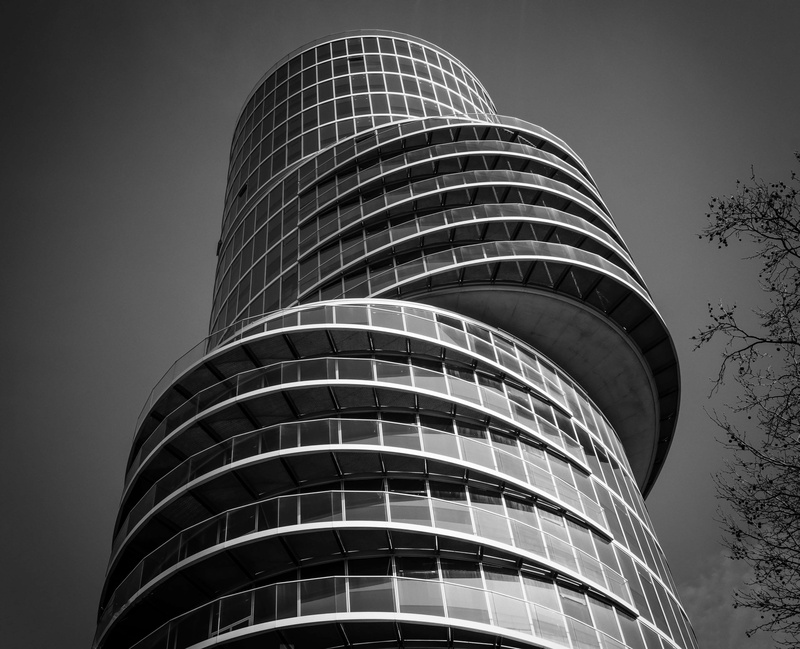 facade, building, modern architecture, skyscraper, nature, design, downtown, tower, financial district, modern, 4K, eccentric tower, office bu, sky, black and white