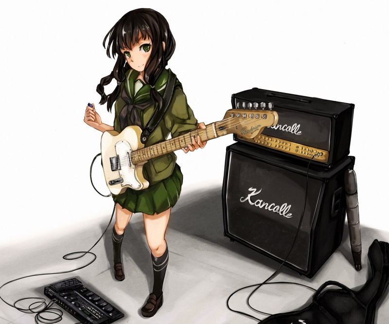 1080P, form, art, guitar, maki pei, anime, tool, schoolgirl, kitakami, kantai collection, girl