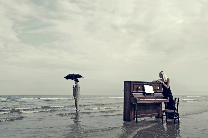 beach, tranquil scene, scenics - nature, one person, piano, water, girl, horizon, shore, outdoors, 1080P, umbrella, cloud - sky, sky, upright, land, beauty in nature
