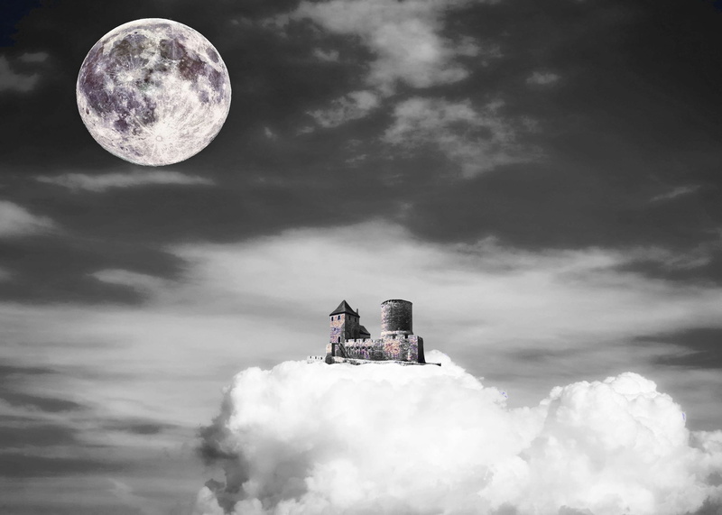 planetary moon, cloud, abstract, moon, fairytale, mystical, enchanted, creative, castle, 2K, smoke - physical structure, flying, nature, astronomy, fantasy