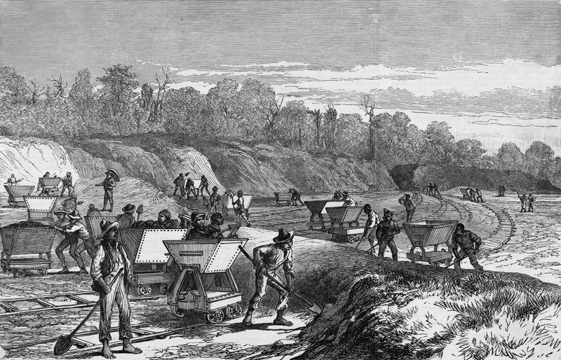 CUTTING A CHANNEL, TO DIVERT, 1888, WOOD ENGRAVING, 4K, THE RIVE, PANAMA CANAL