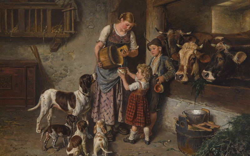 In The Cowshed, Adolf Eberle, German painter, 1894, 2K, In the barn