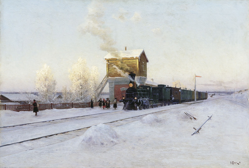 snow, the snow, Winter morning at the Ural railway, Vladimir KAZANTSEV, 1891, 1080P, At the station, train