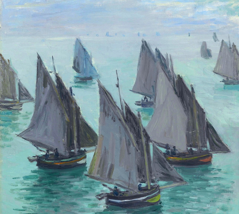 Fishing Boats. Calm Sea, 1080P, seascape, picture, Claude Monet, sail