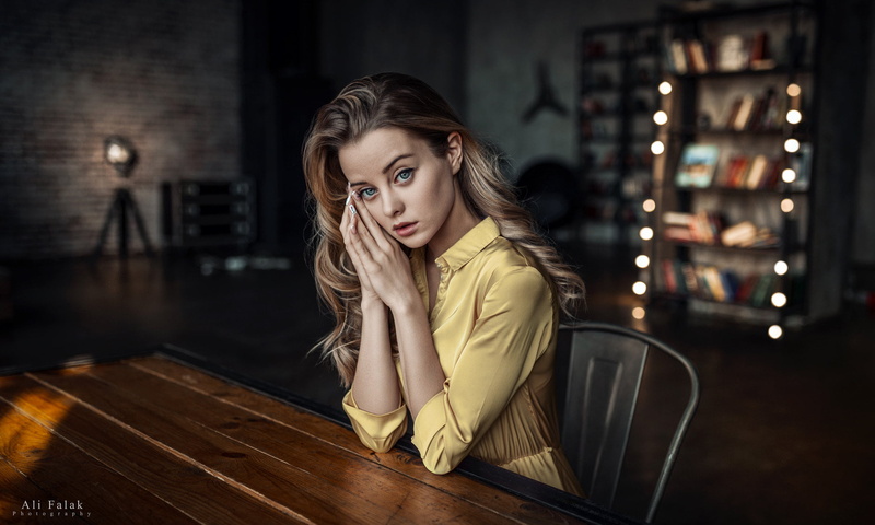 beauty, 720P, women, hairstyle, looking, lifestyles, indoors, sitting, young adult, chair, yellow dress, young women, watching, long hair, table, adult