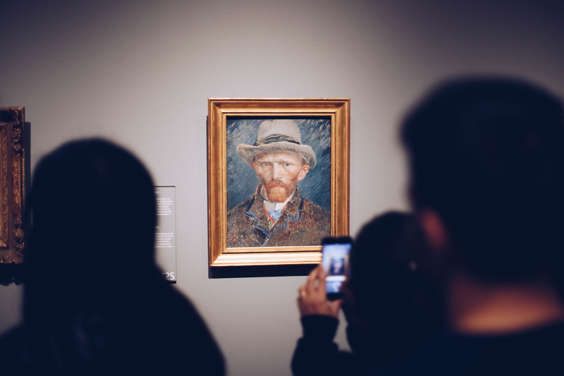 takes, focus on background, museum, art, painting, paintings, over the shoulder view, brown, wall, frame, hat, art and craft, art museum, 5K, inside, people