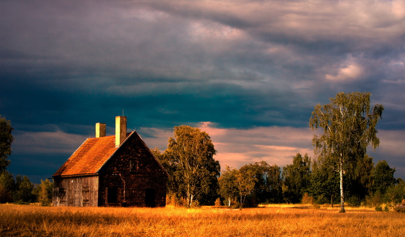 field, outdoors, mood, no people, tree, dusk, twilight, place of worship, building, building exterior, lighting, plant, dramatic sky, landscape, land, fachwerkhaus