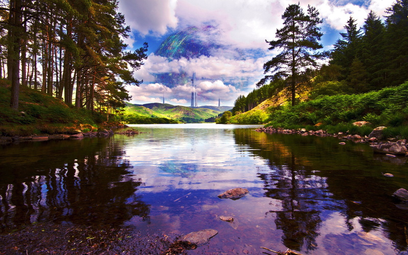rock, science fiction, planet, Green, Shrubs, lake, Futuristic, water, grass, 2K, Hills, oak Trees