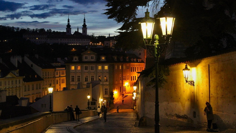 castle, city, prague, people, steps, 1080P, lights, nature and landscapes, walk, sunset