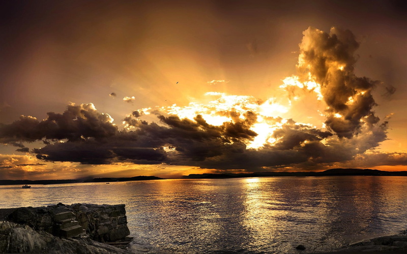 rocks, sky, ocean, mountains, gray, views, beauty, skyline, sunset, water, body, 1080P, 3d and abstract, calm, view, hidden