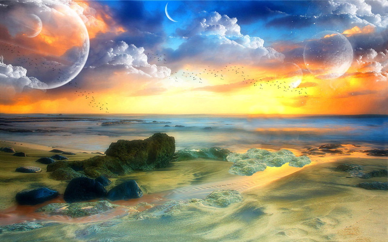 planets, orange, 1920x1200, sea, ocean, star, planet, water, body, sunset, stones, reflecting, painting, moon, fantasy, 1080P