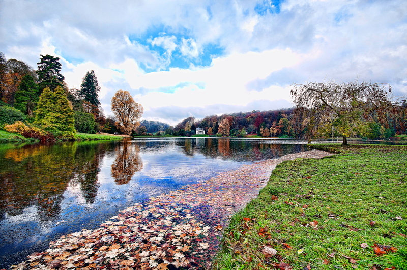 trees, day, lake, beauty in nature, no people, land, gazebo, park, 1080P, tranquility, sky, autumn, tree, tranquil scene, reflection, scenics - nature
