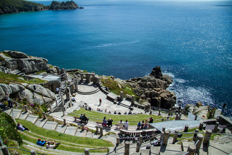 grass, minack theater, europe, 5K, scenics - nature, summer, plant, beach, outdoors, sea, travel Destinations, group of people, high angle view, Cornwall